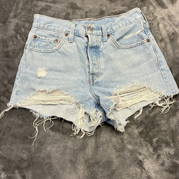 Levi's 501 Jean Shorts Womens Sz.27 Blue Daisy Duke Button Fly Distressed Denim - Picture 1 of 9